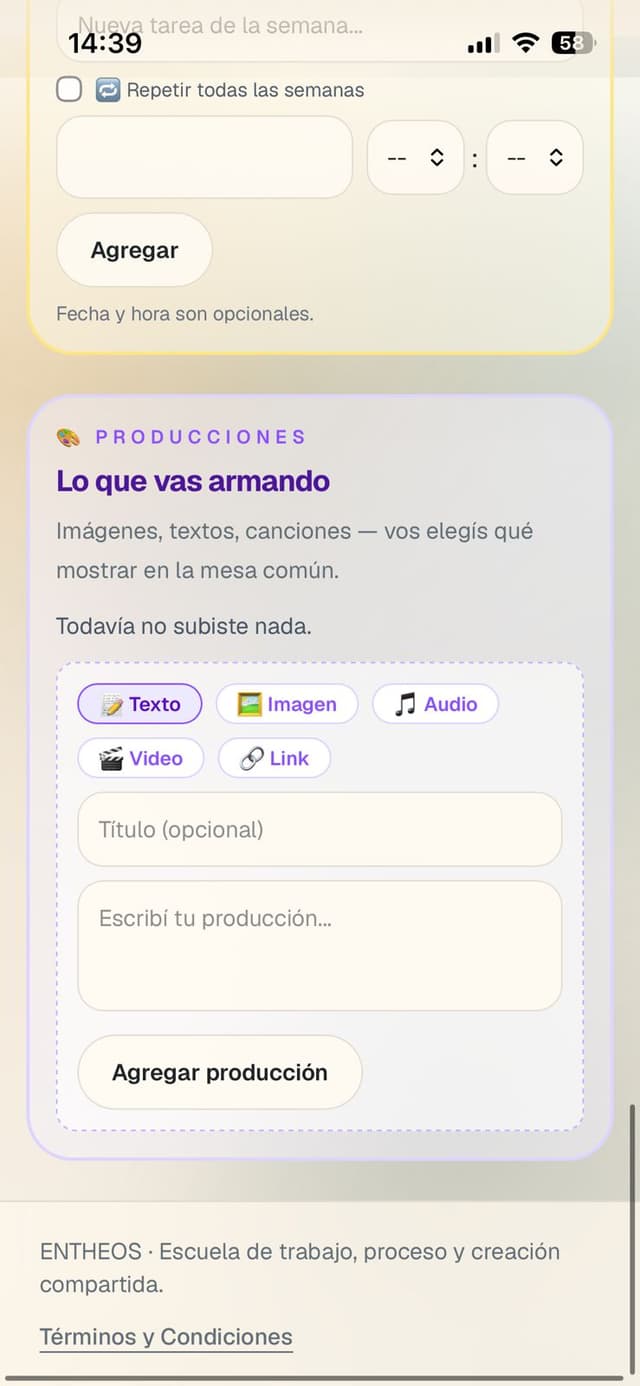 Coordenadas y tareas semanales de un participante en su espacio de Entusiasmento